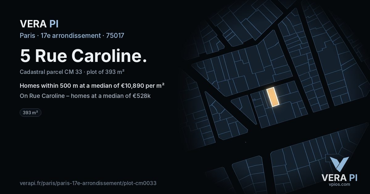 5 Rue Caroline, 17e arrondissement at night – the plot lit, the parcels around coloured by the prices near them