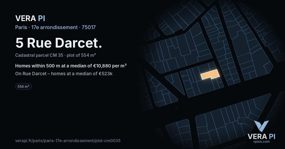 5 Rue Darcet, 17e arrondissement at night – the plot lit, the parcels around coloured by the prices near them