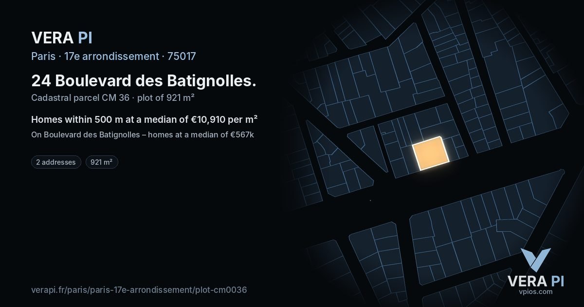 24 Boulevard des Batignolles, 17e arrondissement at night – the plot lit, the parcels around coloured by the prices near them