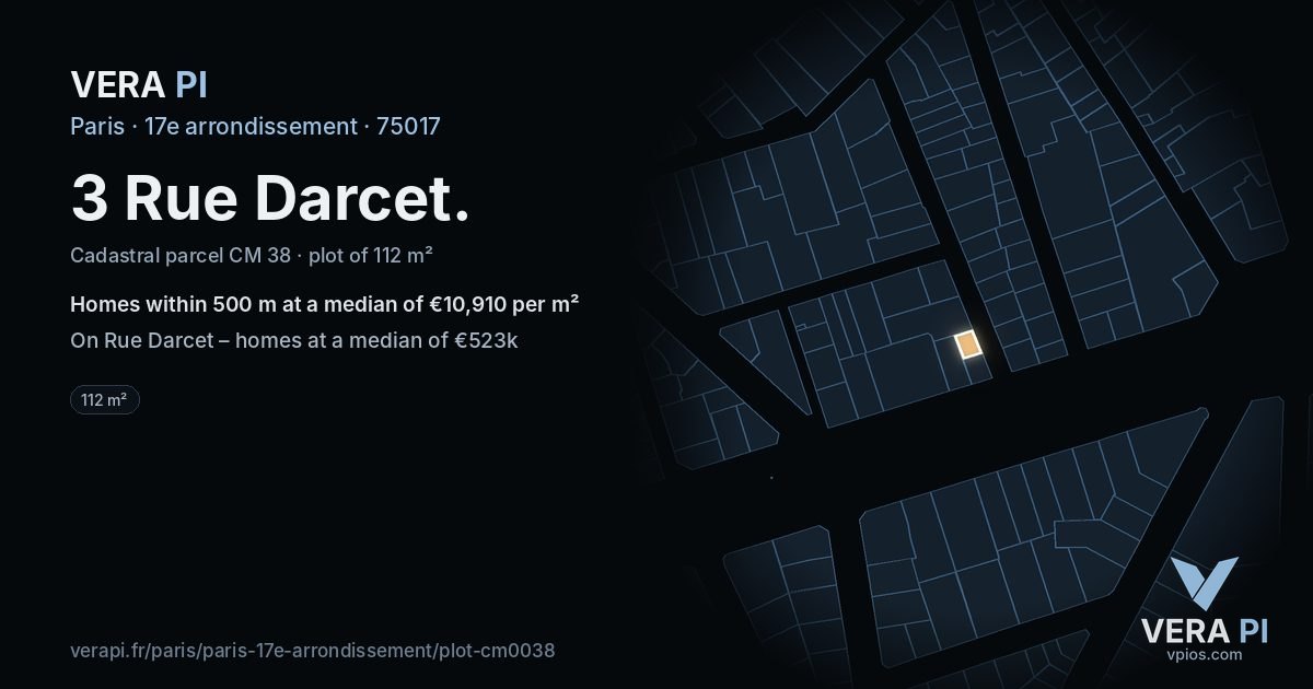 3 Rue Darcet, 17e arrondissement at night – the plot lit, the parcels around coloured by the prices near them