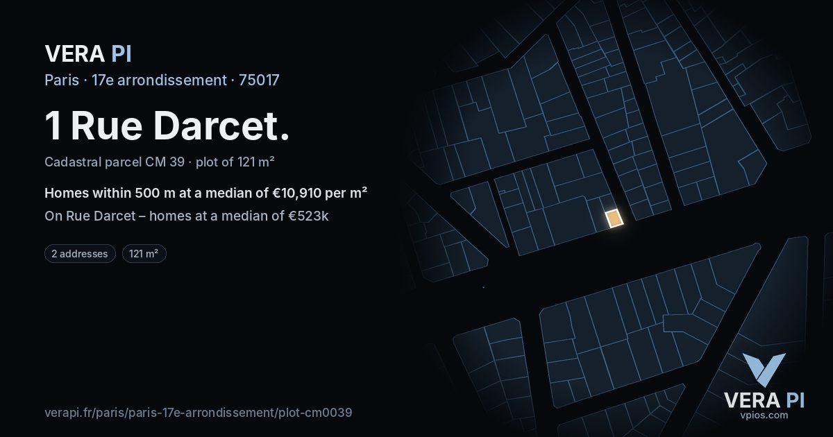 1 Rue Darcet, 17e arrondissement at night – the plot lit, the parcels around coloured by the prices near them