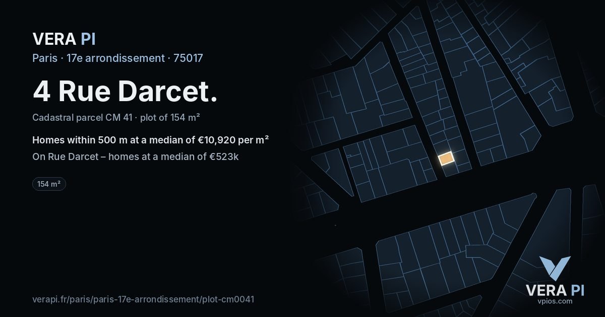 4 Rue Darcet, 17e arrondissement at night – the plot lit, the parcels around coloured by the prices near them