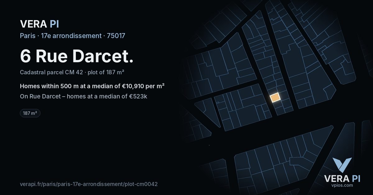 6 Rue Darcet, 17e arrondissement at night – the plot lit, the parcels around coloured by the prices near them