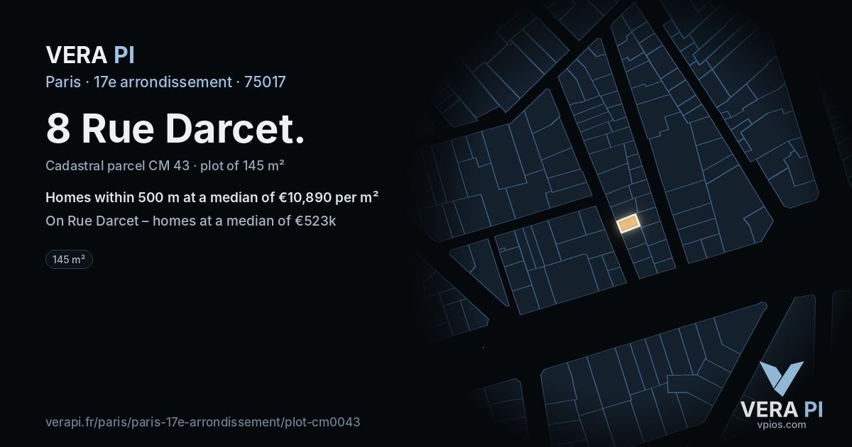 8 Rue Darcet, 17e arrondissement at night – the plot lit, the parcels around coloured by the prices near them