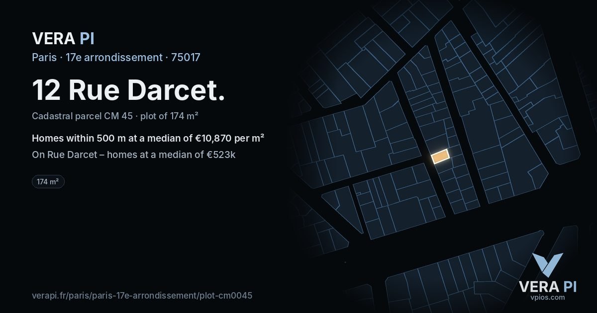 12 Rue Darcet, 17e arrondissement at night – the plot lit, the parcels around coloured by the prices near them