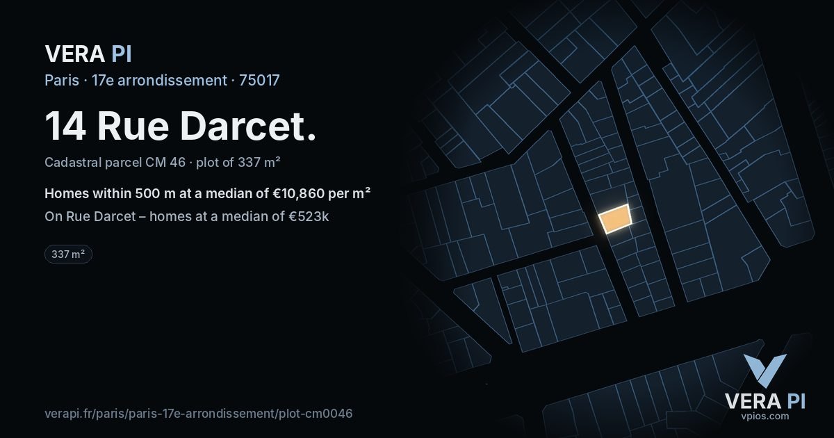 14 Rue Darcet, 17e arrondissement at night – the plot lit, the parcels around coloured by the prices near them