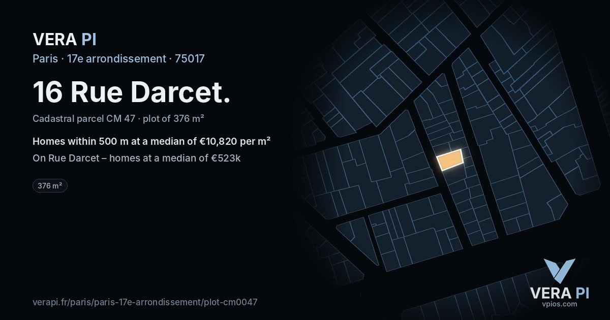 16 Rue Darcet, 17e arrondissement at night – the plot lit, the parcels around coloured by the prices near them