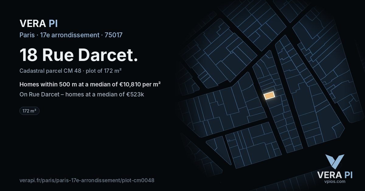 18 Rue Darcet, 17e arrondissement at night – the plot lit, the parcels around coloured by the prices near them