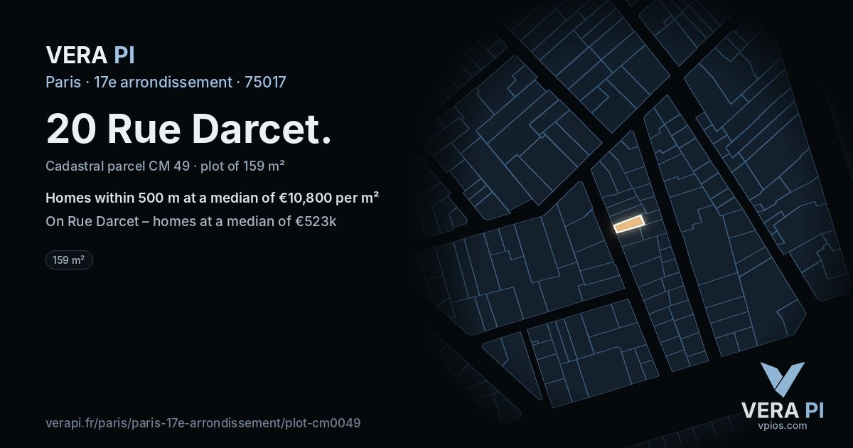 20 Rue Darcet, 17e arrondissement at night – the plot lit, the parcels around coloured by the prices near them