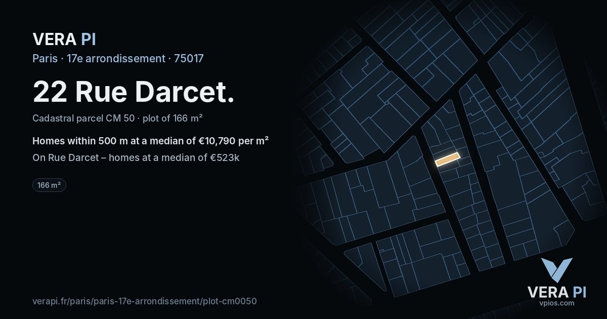 22 Rue Darcet, 17e arrondissement at night – the plot lit, the parcels around coloured by the prices near them