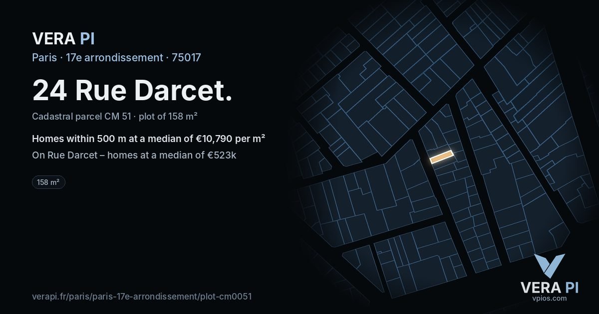 24 Rue Darcet, 17e arrondissement at night – the plot lit, the parcels around coloured by the prices near them