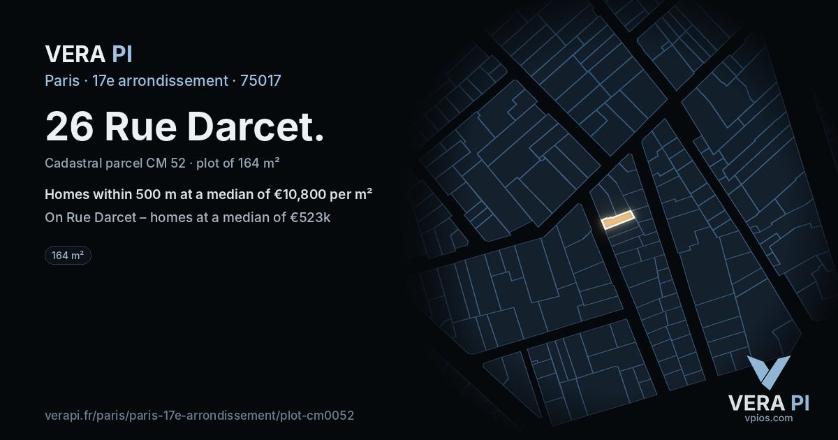 26 Rue Darcet, 17e arrondissement at night – the plot lit, the parcels around coloured by the prices near them