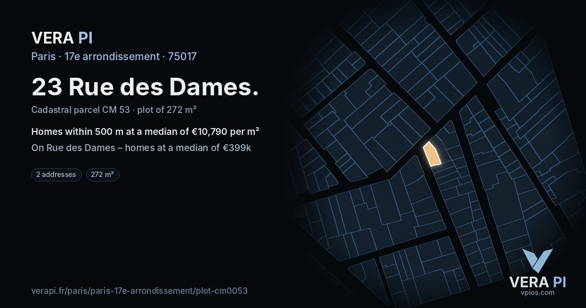 23 Rue des Dames, 17e arrondissement at night – the plot lit, the parcels around coloured by the prices near them