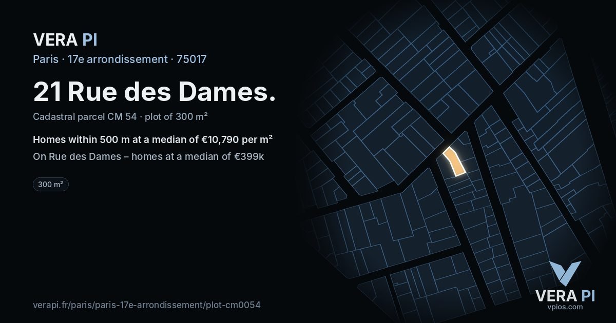 21 Rue des Dames, 17e arrondissement at night – the plot lit, the parcels around coloured by the prices near them