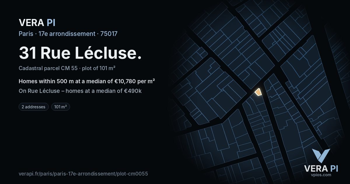 31 Rue Lécluse, 17e arrondissement at night – the plot lit, the parcels around coloured by the prices near them