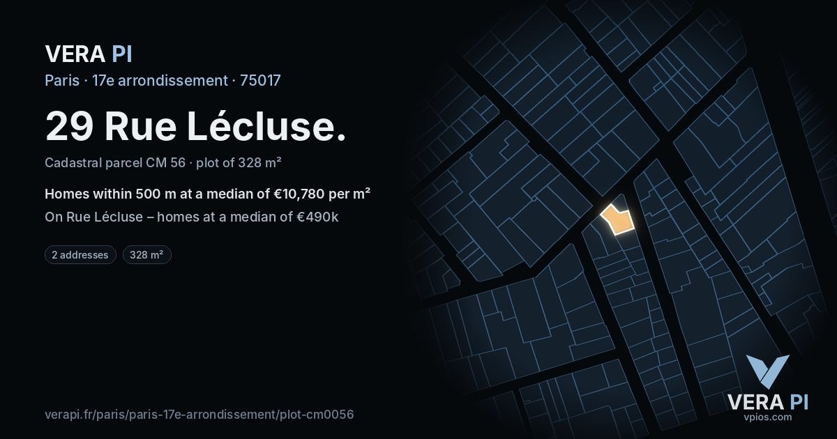29 Rue Lécluse, 17e arrondissement at night – the plot lit, the parcels around coloured by the prices near them