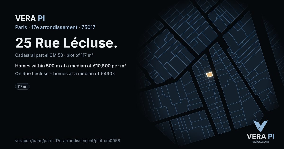 25 Rue Lécluse, 17e arrondissement at night – the plot lit, the parcels around coloured by the prices near them
