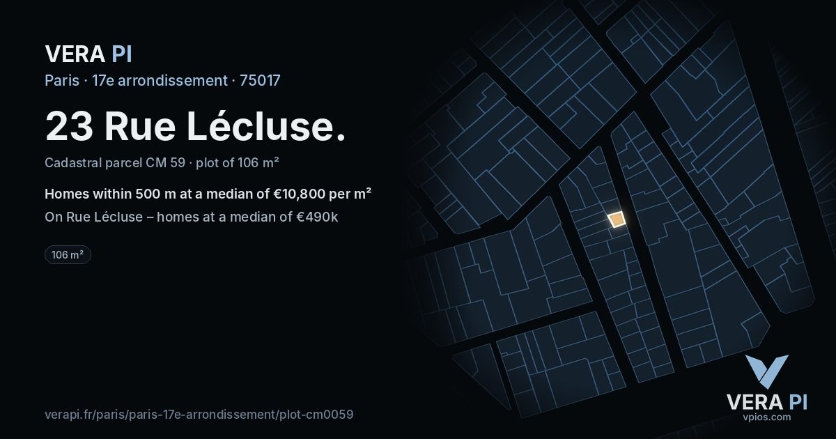 23 Rue Lécluse, 17e arrondissement at night – the plot lit, the parcels around coloured by the prices near them