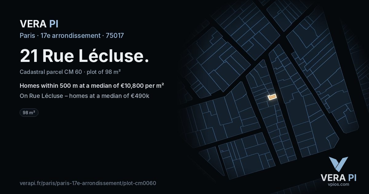 21 Rue Lécluse, 17e arrondissement at night – the plot lit, the parcels around coloured by the prices near them