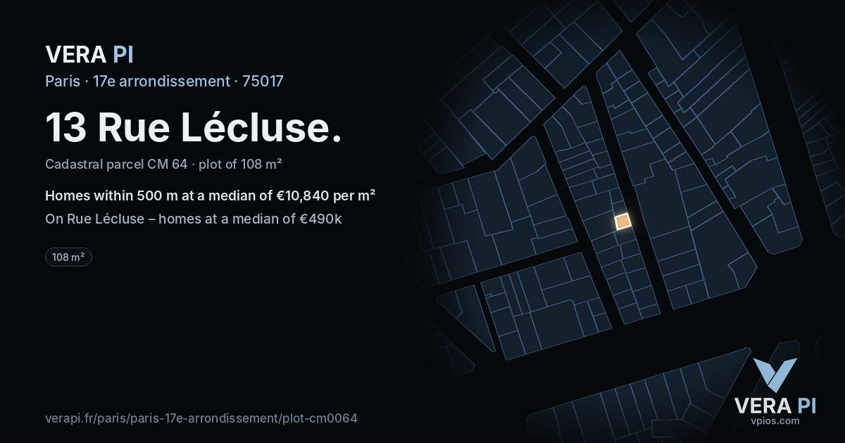 13 Rue Lécluse, 17e arrondissement at night – the plot lit, the parcels around coloured by the prices near them