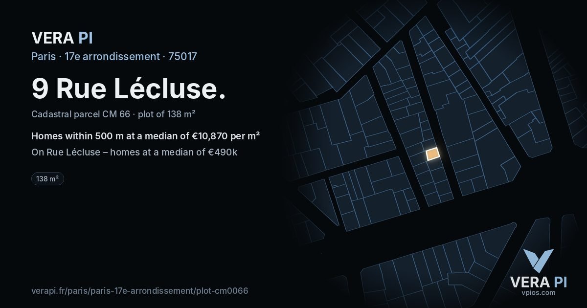 9 Rue Lécluse, 17e arrondissement at night – the plot lit, the parcels around coloured by the prices near them