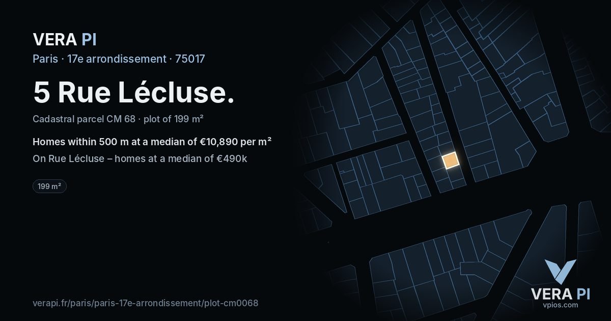 5 Rue Lécluse, 17e arrondissement at night – the plot lit, the parcels around coloured by the prices near them