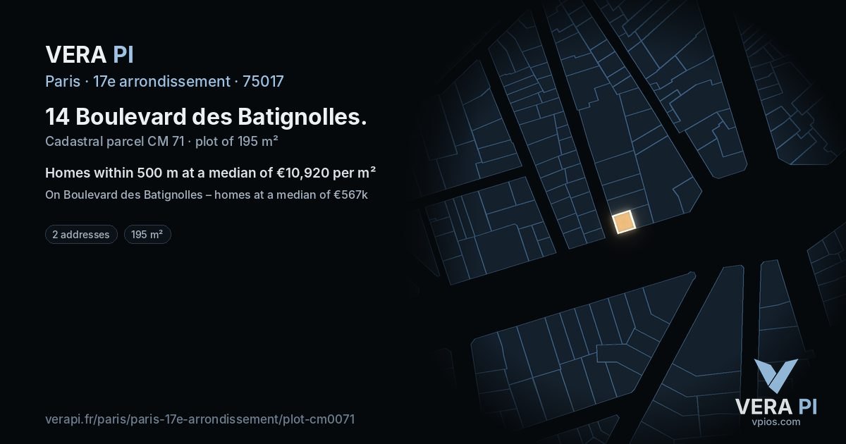 14 Boulevard des Batignolles, 17e arrondissement at night – the plot lit, the parcels around coloured by the prices near them