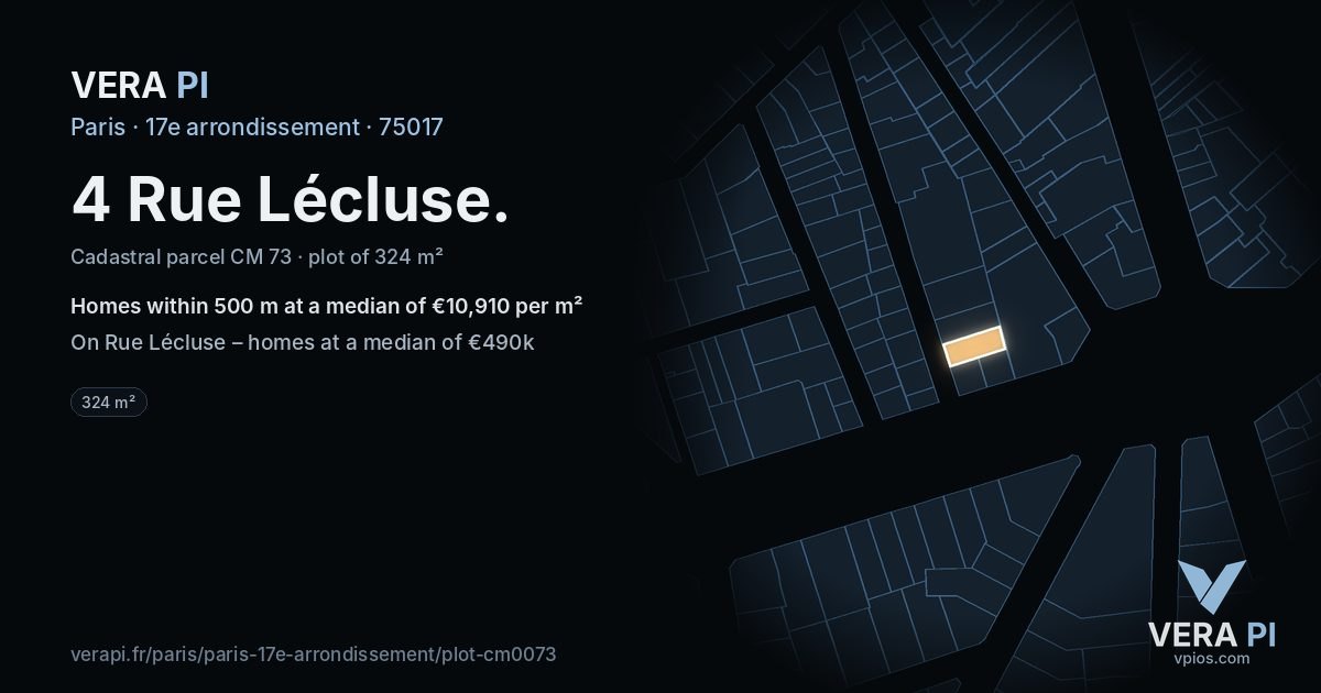 4 Rue Lécluse, 17e arrondissement at night – the plot lit, the parcels around coloured by the prices near them