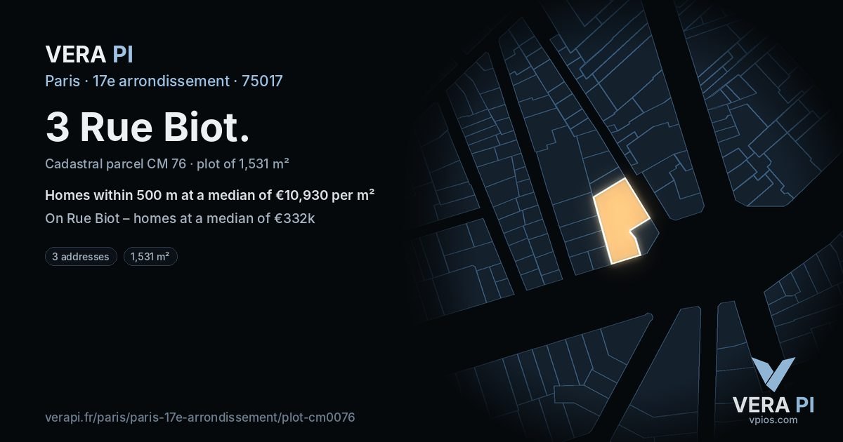 3 Rue Biot, 17e arrondissement at night – the plot lit, the parcels around coloured by the prices near them