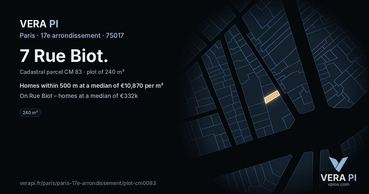 7 Rue Biot, 17e arrondissement at night – the plot lit, the parcels around coloured by the prices near them