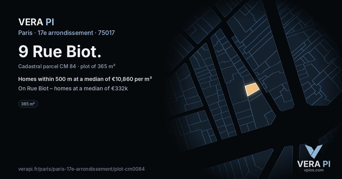 9 Rue Biot, 17e arrondissement at night – the plot lit, the parcels around coloured by the prices near them