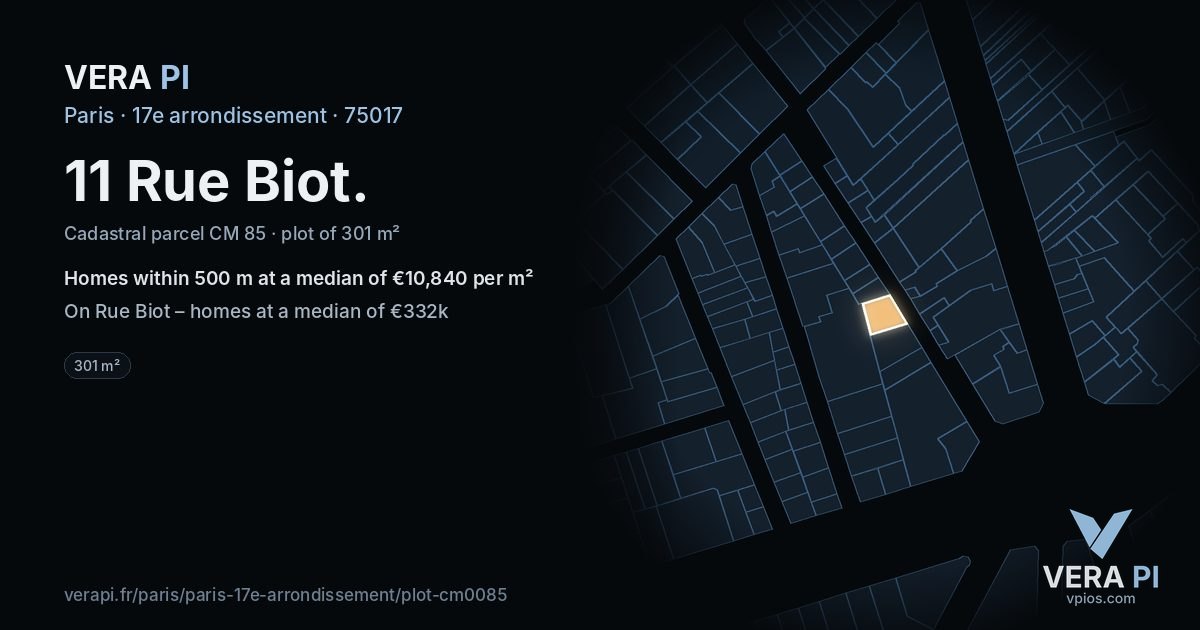 11 Rue Biot, 17e arrondissement at night – the plot lit, the parcels around coloured by the prices near them
