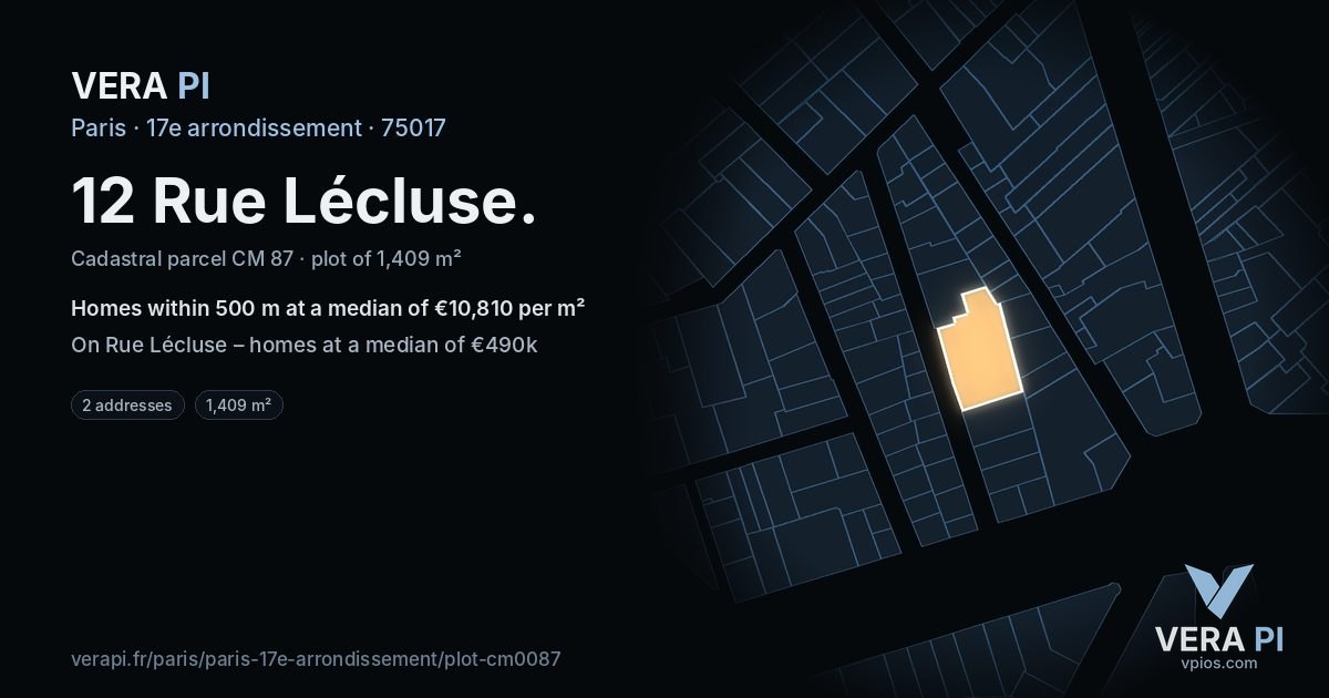 12 Rue Lécluse, 17e arrondissement at night – the plot lit, the parcels around coloured by the prices near them