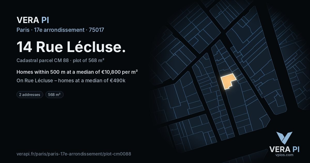 14 Rue Lécluse, 17e arrondissement at night – the plot lit, the parcels around coloured by the prices near them