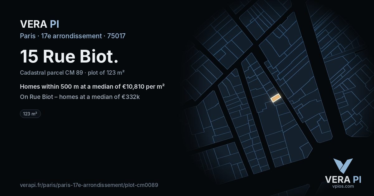 15 Rue Biot, 17e arrondissement at night – the plot lit, the parcels around coloured by the prices near them
