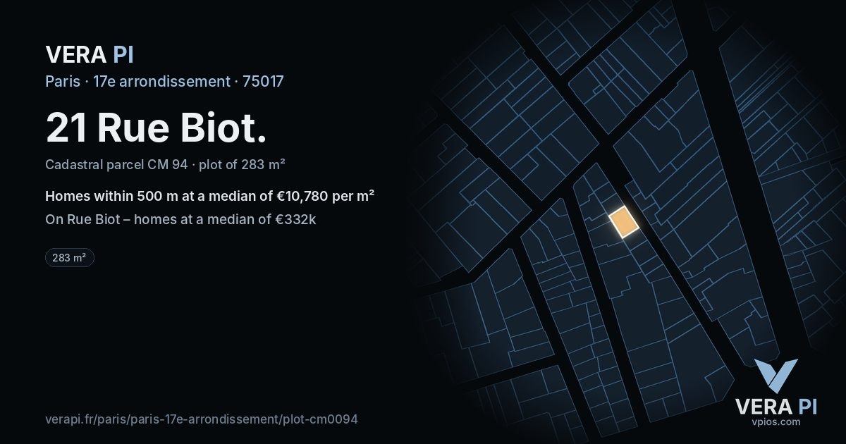 21 Rue Biot, 17e arrondissement at night – the plot lit, the parcels around coloured by the prices near them