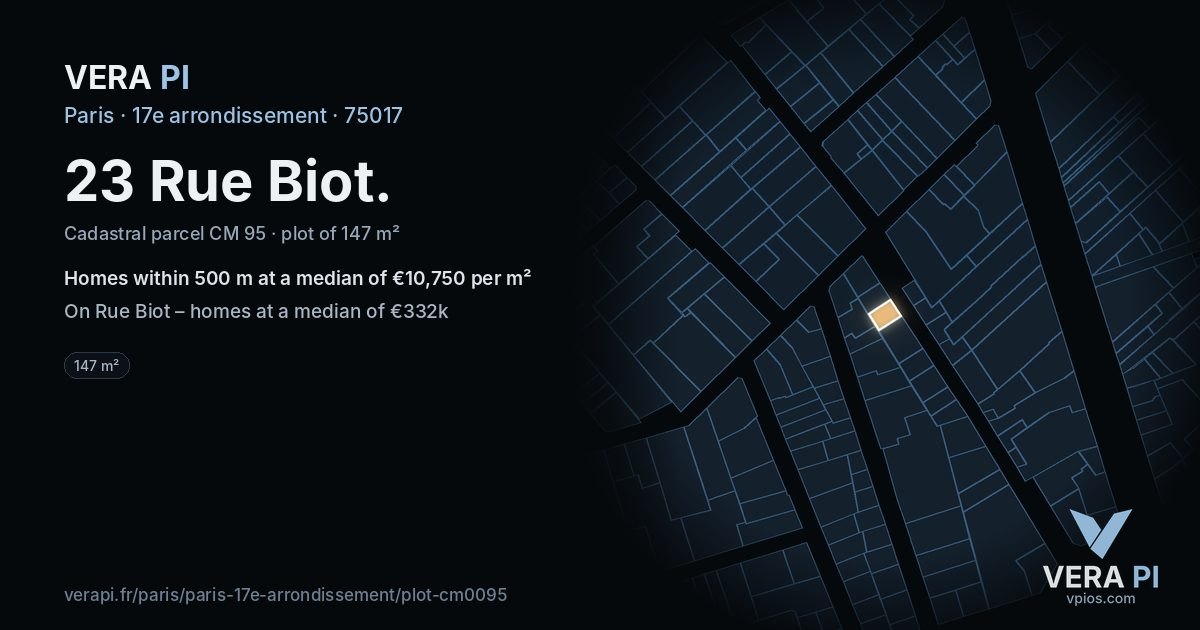 23 Rue Biot, 17e arrondissement at night – the plot lit, the parcels around coloured by the prices near them