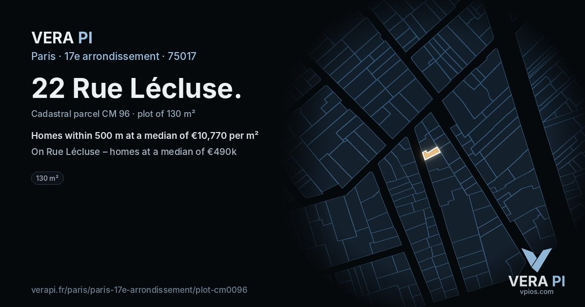 22 Rue Lécluse, 17e arrondissement at night – the plot lit, the parcels around coloured by the prices near them