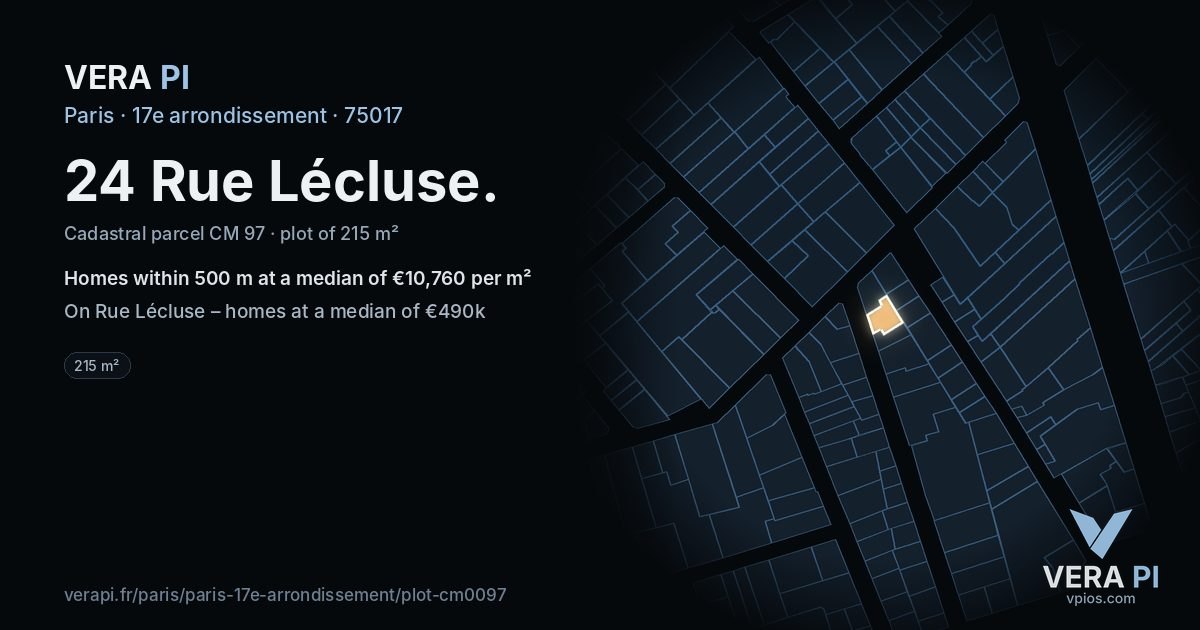 24 Rue Lécluse, 17e arrondissement at night – the plot lit, the parcels around coloured by the prices near them