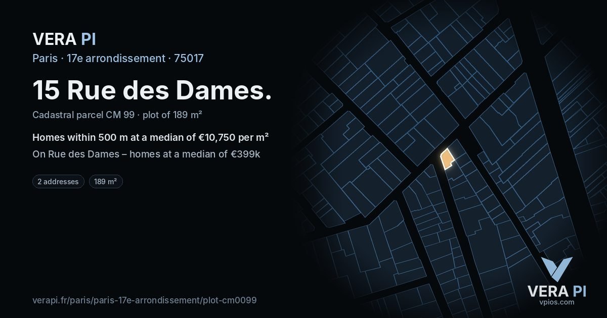 15 Rue des Dames, 17e arrondissement at night – the plot lit, the parcels around coloured by the prices near them