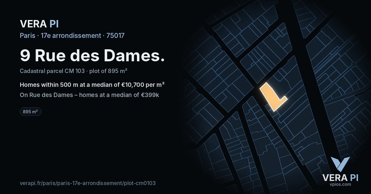 9 Rue des Dames, 17e arrondissement at night – the plot lit, the parcels around coloured by the prices near them