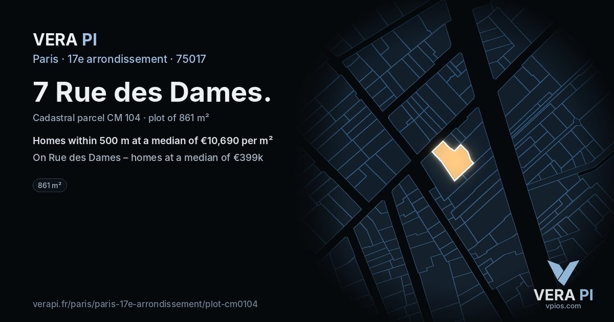 7 Rue des Dames, 17e arrondissement at night – the plot lit, the parcels around coloured by the prices near them