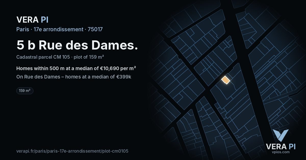 5 b Rue des Dames, 17e arrondissement at night – the plot lit, the parcels around coloured by the prices near them