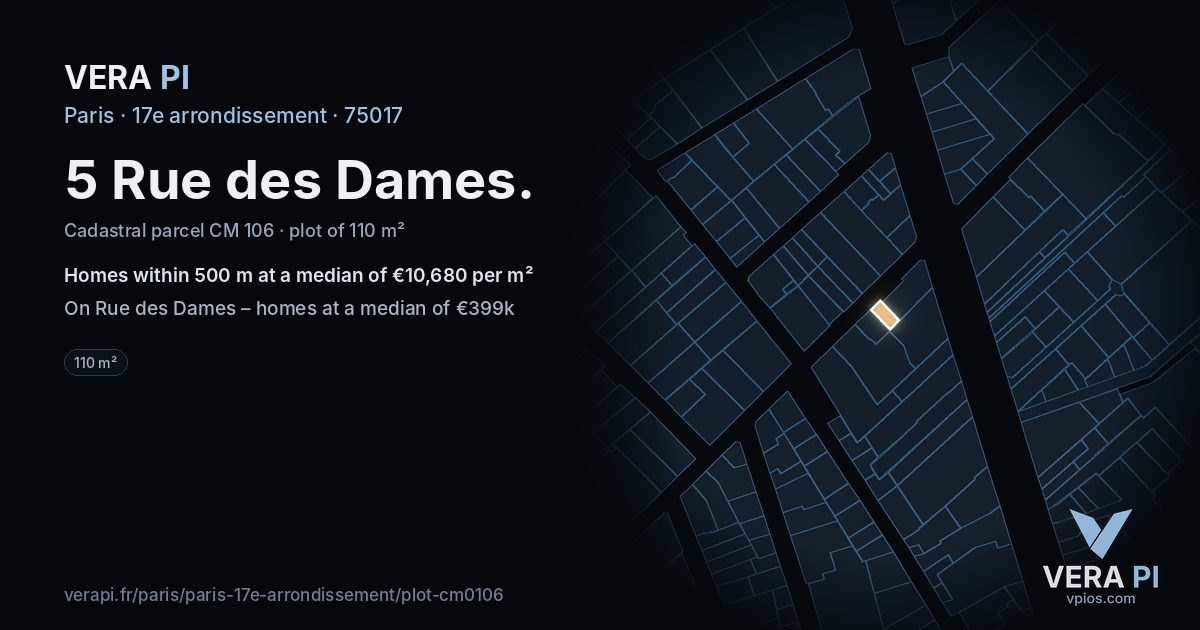 5 Rue des Dames, 17e arrondissement at night – the plot lit, the parcels around coloured by the prices near them