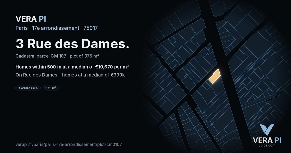 3 Rue des Dames, 17e arrondissement at night – the plot lit, the parcels around coloured by the prices near them