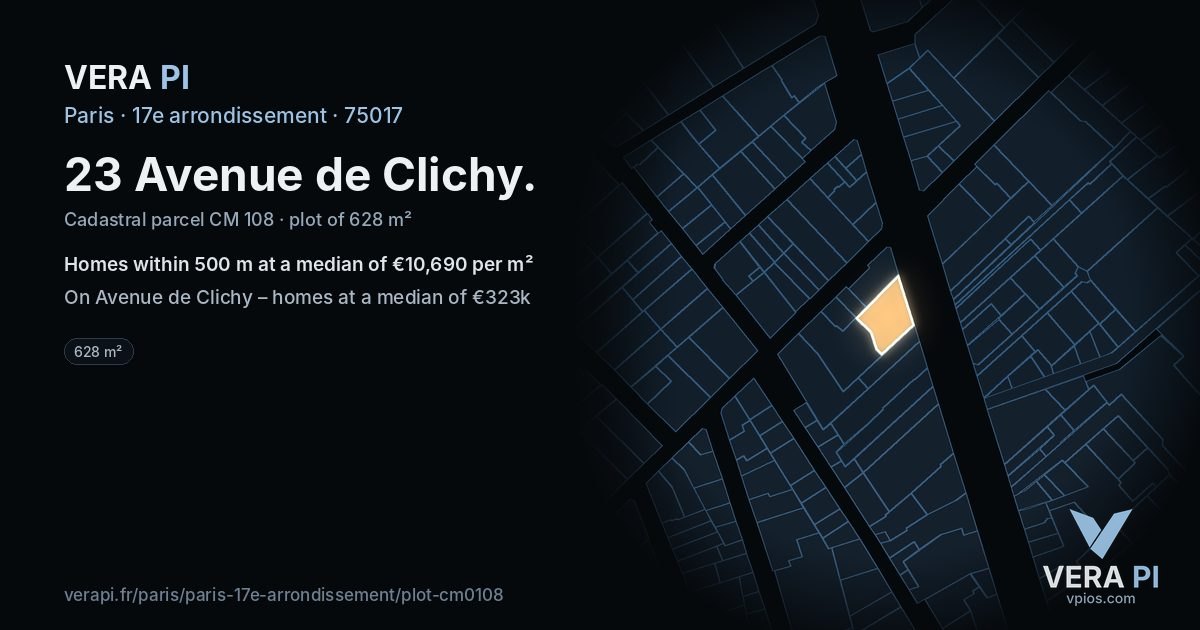 23 Avenue de Clichy, 17e arrondissement at night – the plot lit, the parcels around coloured by the prices near them