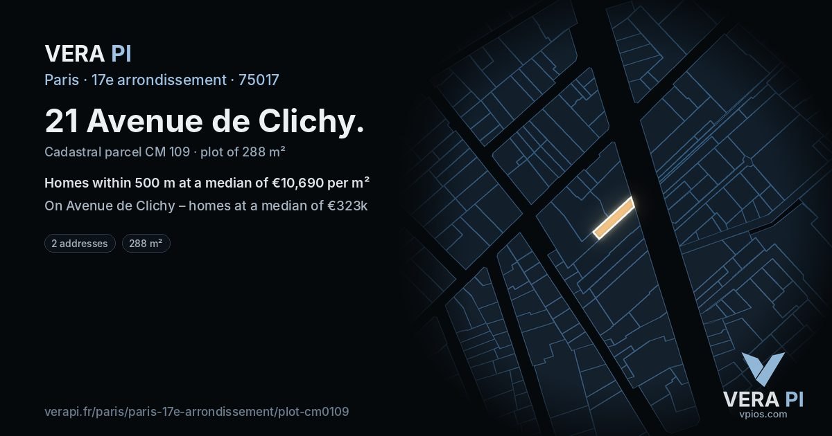 21 Avenue de Clichy, 17e arrondissement at night – the plot lit, the parcels around coloured by the prices near them