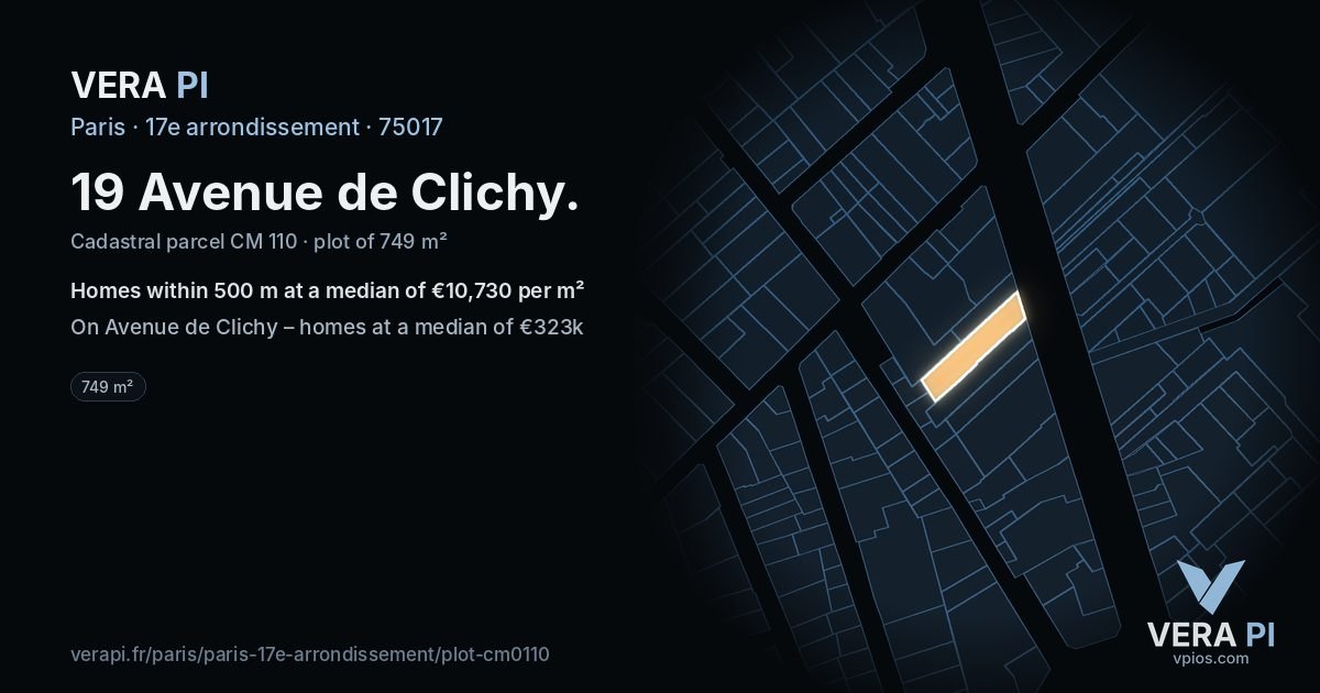 19 Avenue de Clichy, 17e arrondissement at night – the plot lit, the parcels around coloured by the prices near them