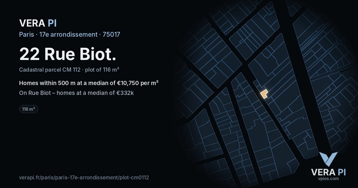 22 Rue Biot, 17e arrondissement at night – the plot lit, the parcels around coloured by the prices near them