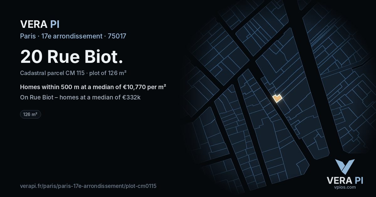 20 Rue Biot, 17e arrondissement at night – the plot lit, the parcels around coloured by the prices near them